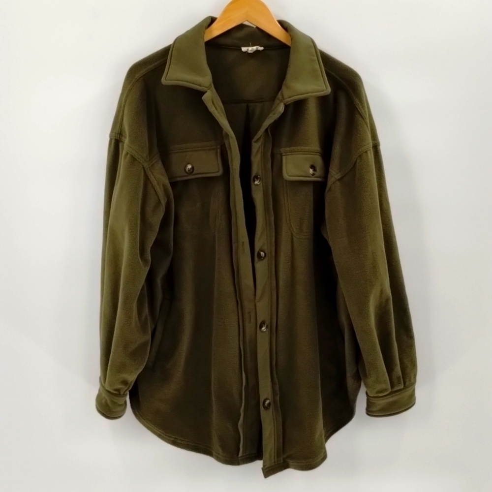 BiBi fleece oversize button down jacket size XL green long sleeve soft w pockets